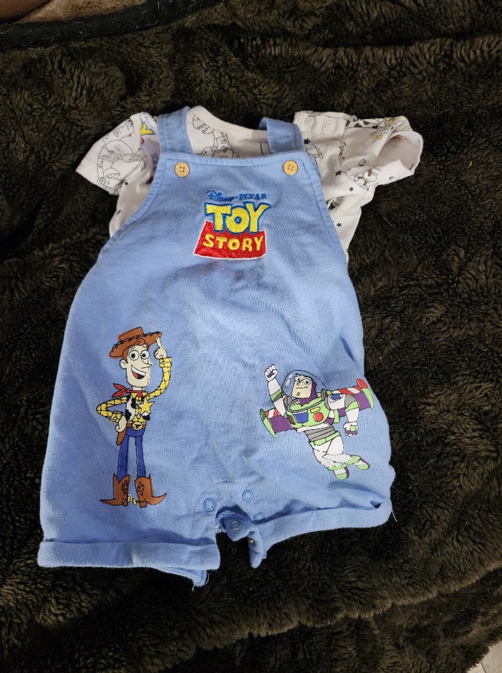 Blue Baby Shortalls with Woody & Buzz